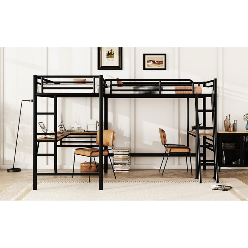 Lit simple en métal avec deux bureaux d'écriture de romans intégrés, noir - Chefs-d'œuvre littéraires en confection de loft