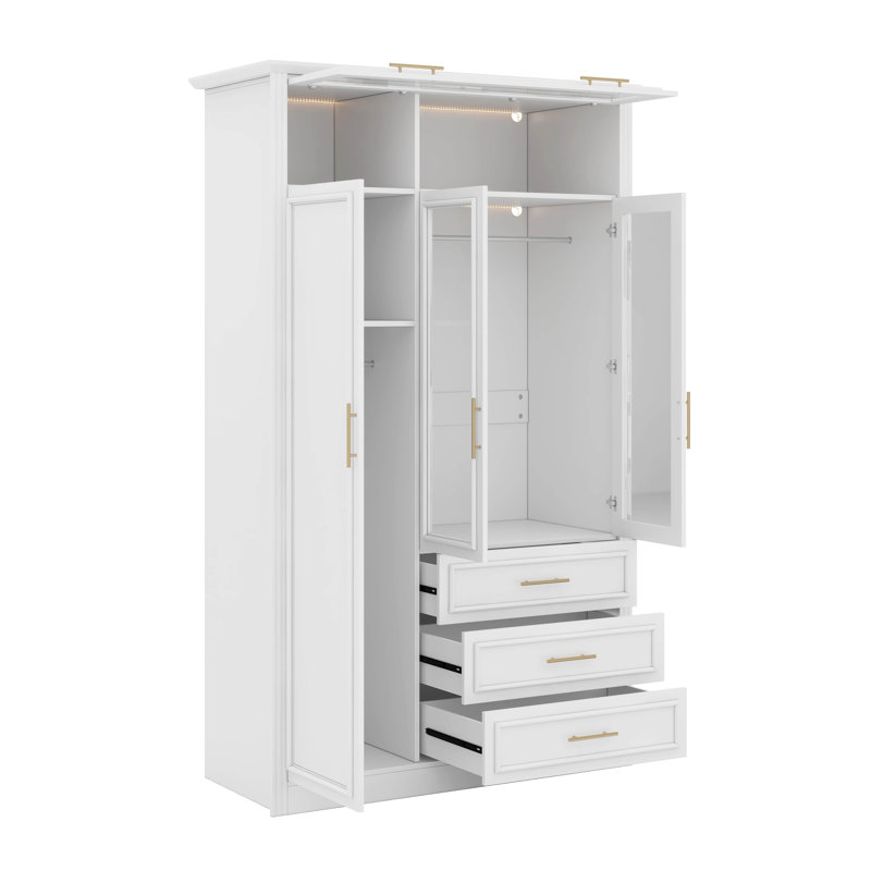 Garde-robe avec portes en verre, 3 tiroirs, lumières DEL et tringles suspendues