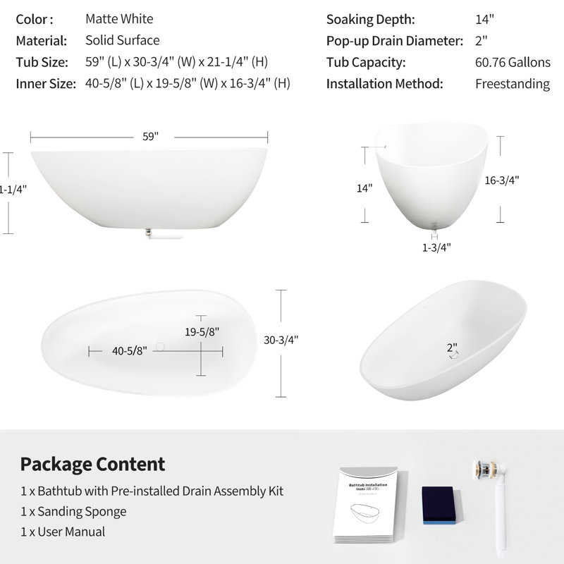 Luxury Freestanding Soaking Solid Surface Stone Resin Bathtub, Matte White Coloration Option, Aligned With Contemporary Bathroom Embellishments, 59" Depth Span, Overflow And Pop - Up Drain, Great