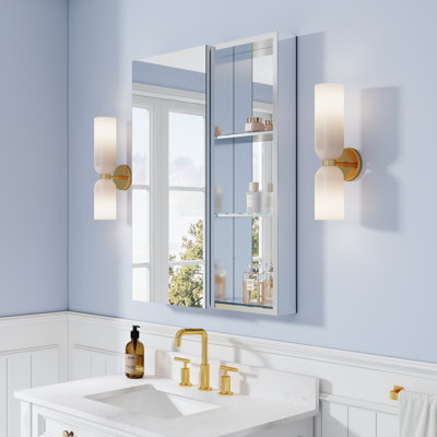 28''W X 36" H Recessed or Surface Wall Aluminum Bathroom Mirror Medicine Cabinet Combo And Open Shelf 