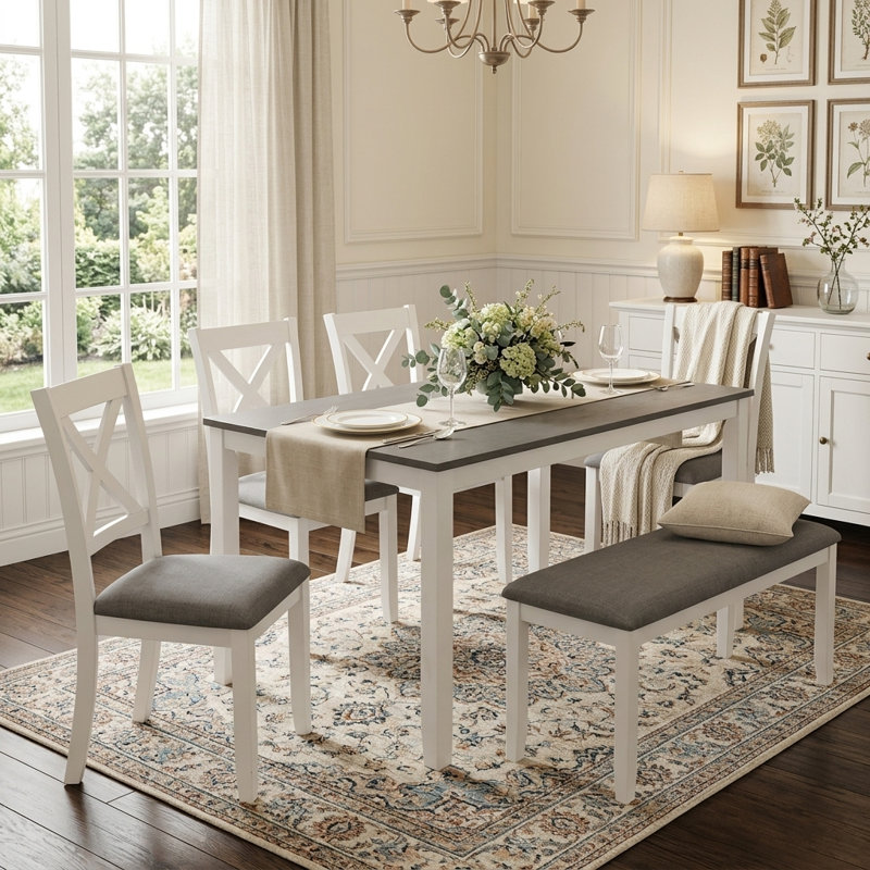 Ensemble de salle à manger 6 pièces en bois deux tons avec banc, design moderne, White, White, White, White