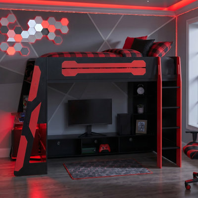 Lit plateforme simple en bois avec bureau, lumière RVB et tablettes multiples