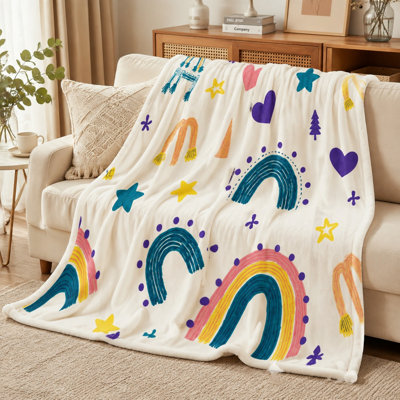 Cozy Flannel Fleece Throw Blanket - Rainbow Star Pattern, Adorable Playful Design, Soft, Lightweight, Breathable, All-Season, Skin-Friendly, Machine Washable, Decorative, for Sofa, Couch, Living Room and Bedroom