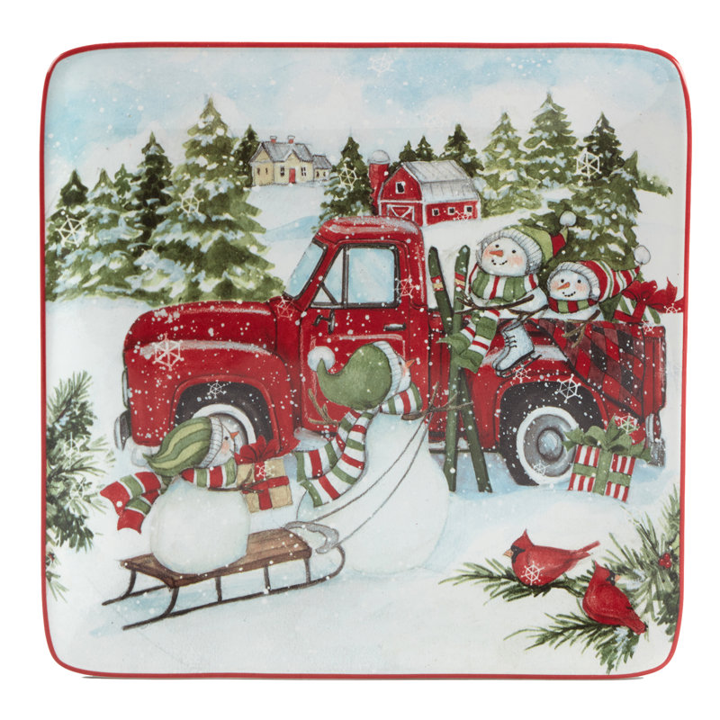 Red Truck Snowman Set Of 4 Dessert Plates