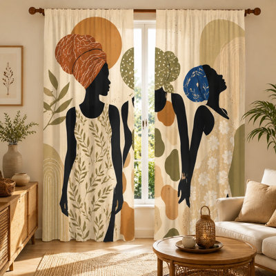 2Pcs African Women Silhouette Curtains, Light Filtering Fabric, Vintage Abstract Botanical Print, Sunshade and Privacy Protection, Rod Pocket Design, for Living Room Bedroom Balcony Kitchen Home Decor