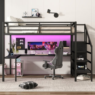 Lit mezzanine en métal avec bureau en L, garde-robe et tablette réglable, charge USB et lumière DEL pour enfants, adolescents, adultes