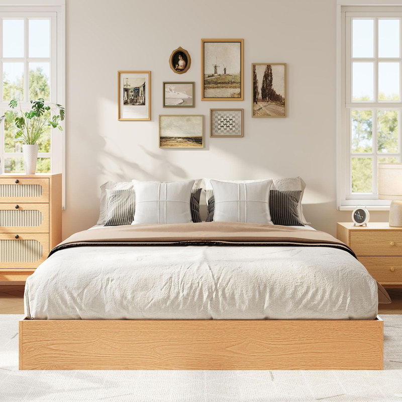 Wood Platform Bed with Sturdy Wooden Slats, Floor-Standing Bed Frame, Modern Minimalist Design Space-Saving Bed Frame, Pine