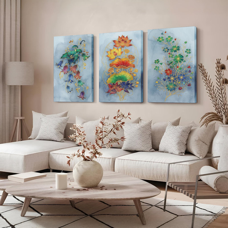 Ensemble de 3 tableaux muraux sur toile à motif floral et botanique, H 18 po x l 36 po
