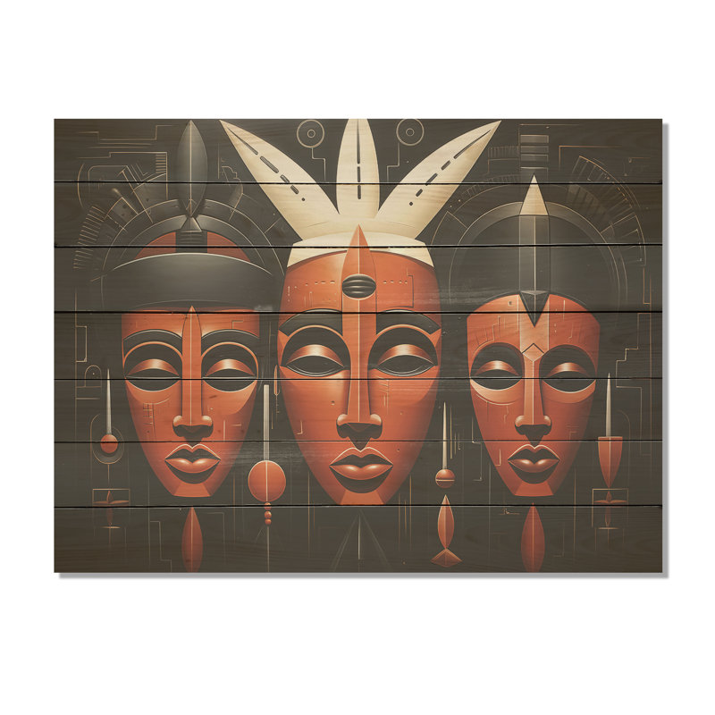 Black And Orange African Kuba Patterns Mask - African Mask On Wood Print, 34" H x 44" W x 0.78" D