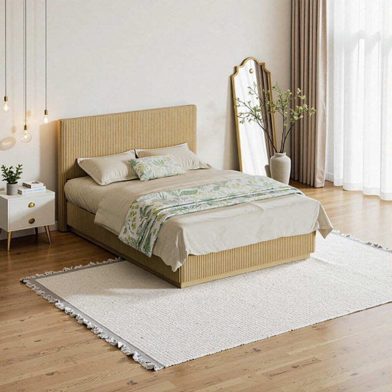 Élégante base de lit pour grand lit avec lumières DEL, design moderne ondulé en bois ondulé, finition chêne, Chêne