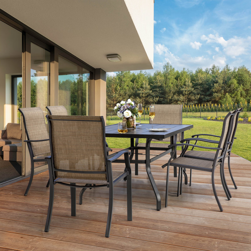 Outdoor 7-Piece Rectangular Dining Set for 6 person, with PVC Fabric and Powder-coated Iron Frame, 1.57'' Umbrella Hole, for Patio, Deck, Garden, Backyard, Balcony, Black and Brown