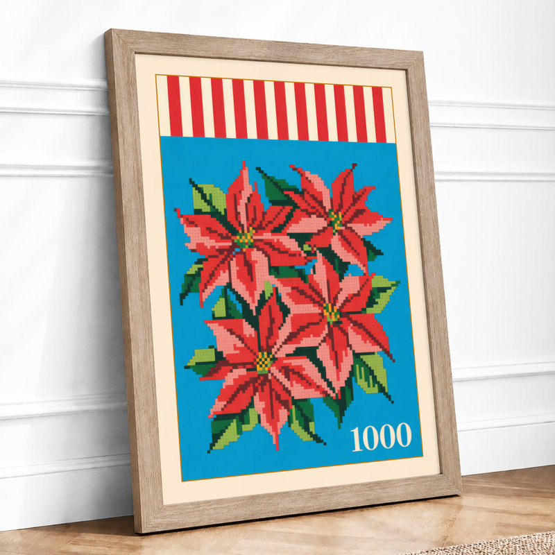 Poinsettia Festive Cluster Botanical - Framed Print, A4 - 29.7 x 21.0 cm, Oak