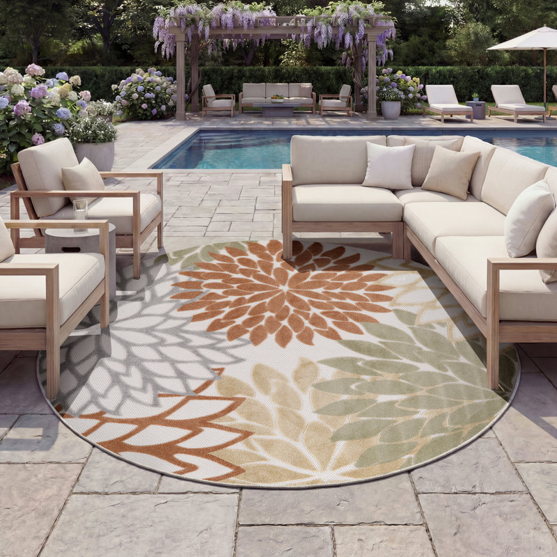 Tapis floral intérieur / extérieur Chazney, Rond 7 pi 10 po