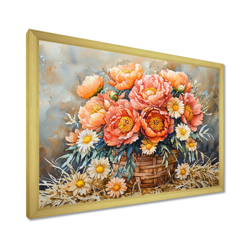 Moisson d'automne pivoines à la grange II - pivoines, art mural, H 30 po x l 40 po, Avec cadre, Doré