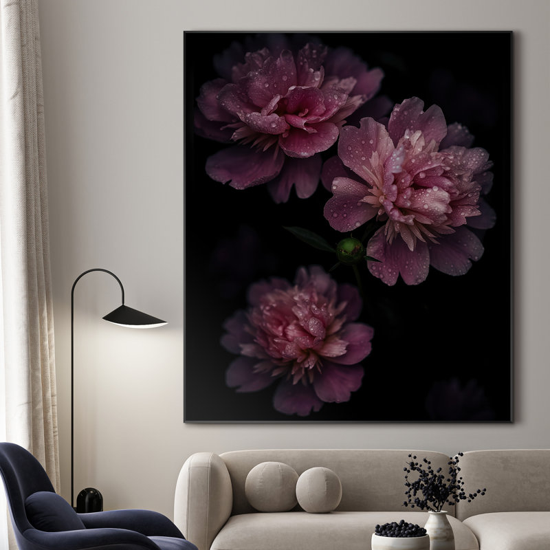 Très grande impression d'art floral pivoine Moody - rose et bourgogne, décoration botanique pour salon ou chambre à coucher