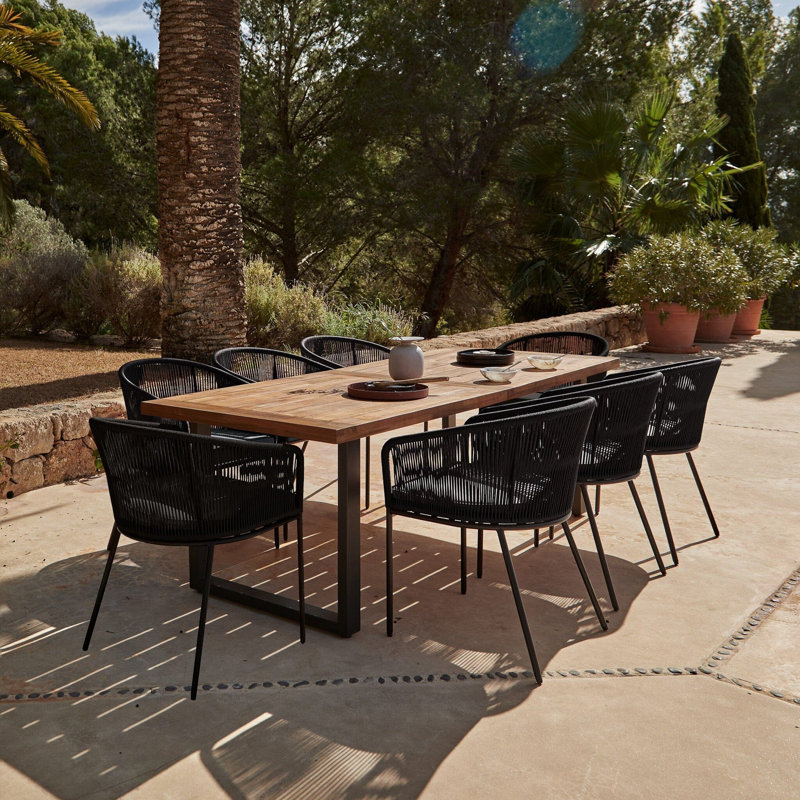 Fabiano Rectangular Long Dining Set with Cushions and Umbrella, Black with Grey LED Parasol, 8, 75cm H x 235cm W x 90cm D
