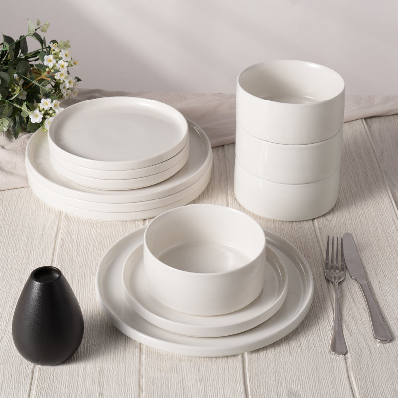 Jade Plates And Bowls Sets, 12 Piece Dinnerware Sets, Set For 4, White