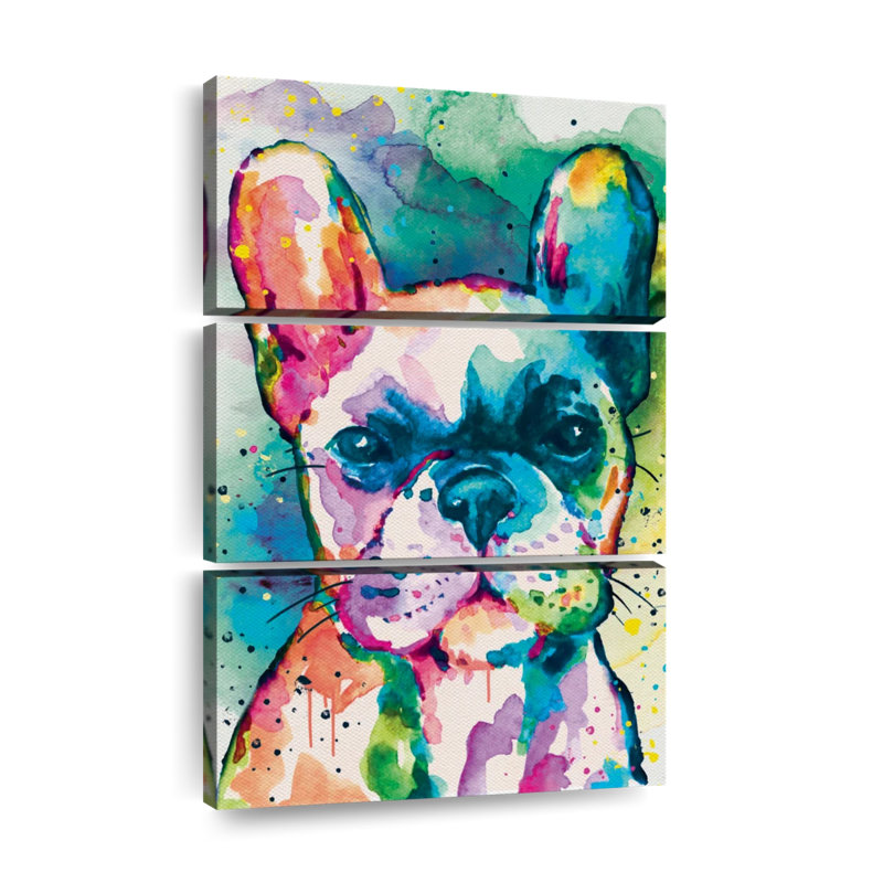 Bouledogue français, peinture, éclaboussures, 3 pièces, H 32 po x l 20 po x P 1,25 po