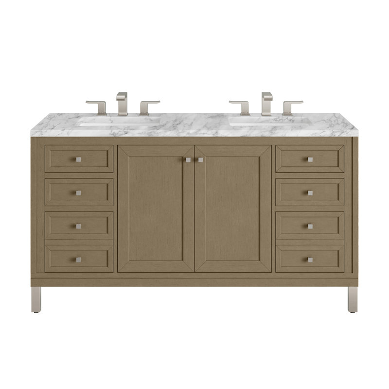 Ensemble de meuble-lavabo double 60 po Chicago, Walnut Whisper, Blanc de Carrare, 8 po