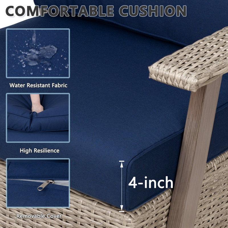 Chaise berçante 4 pièces avec coussins, rotin toutes saisons pour cour arrière, Bleu très foncé