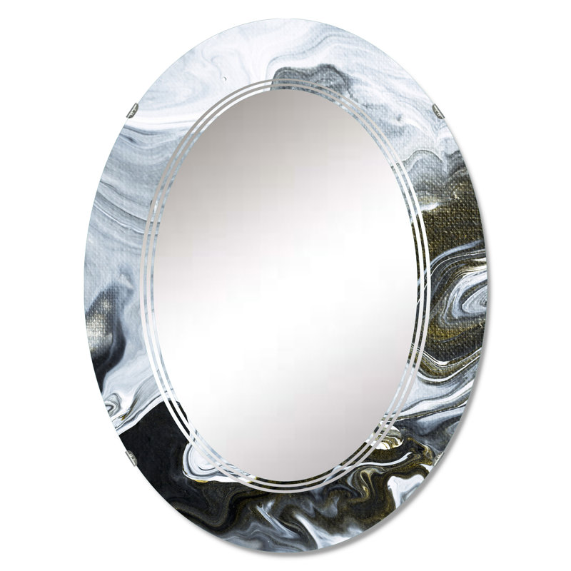 Art abstrait liquide en marbre noir et blanc - miroir mural moderne ovale, 30 po x 20 po