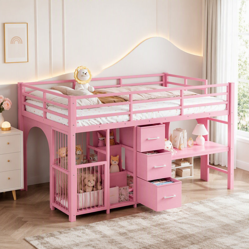 Lit mezzanine bas en métal pour enfants avec rangement, tablette et bureau intégré, structure robuste, Pink