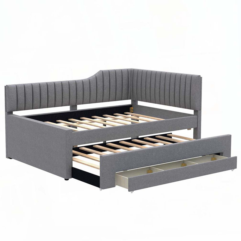 3-Drawers Upholstered Daybed with Trundle, Gray, Full/Double
