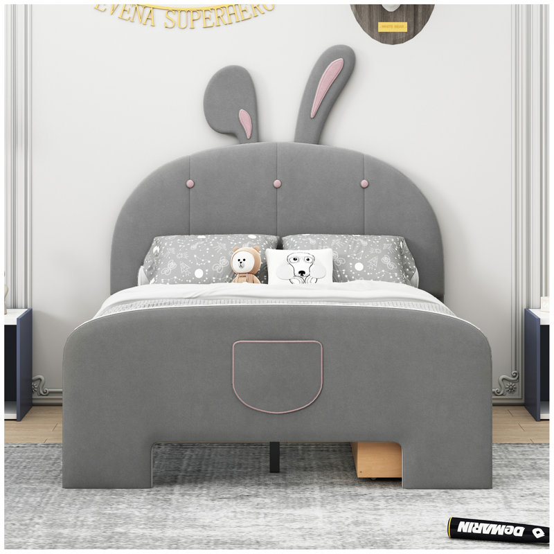 Lit plateforme en velours avec tête de lit en forme de lapin, avec tiroirs et poche de rangement à l'extrémité du lit, Gris