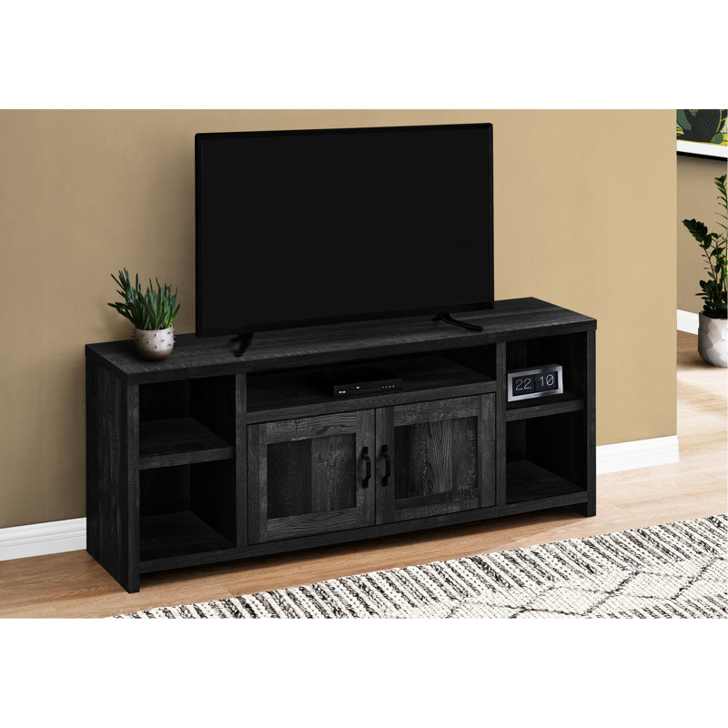 Meuble télé 60 po, façade en stratifié noir, centre de divertissement multimédia avec rangement, pouvant accueillir de 80 à 89 téléviseurs, console de salon et de chambre à coucher transitionnelle, pouvant accueillir