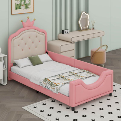 Mignon lit de jour simple rembourré en cuir de polyuréthane princesse avec tête de lit capitonnée à boutons