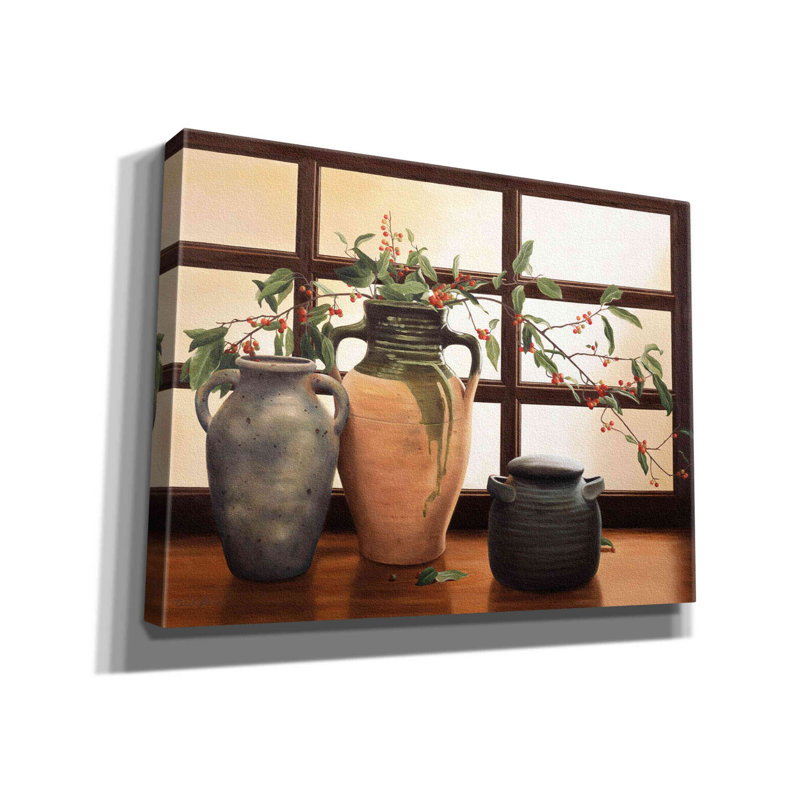 Avais " Olive Jar With Red Berry Branches " by Cecile Baird, 12" H x 16" W x 0.75" D