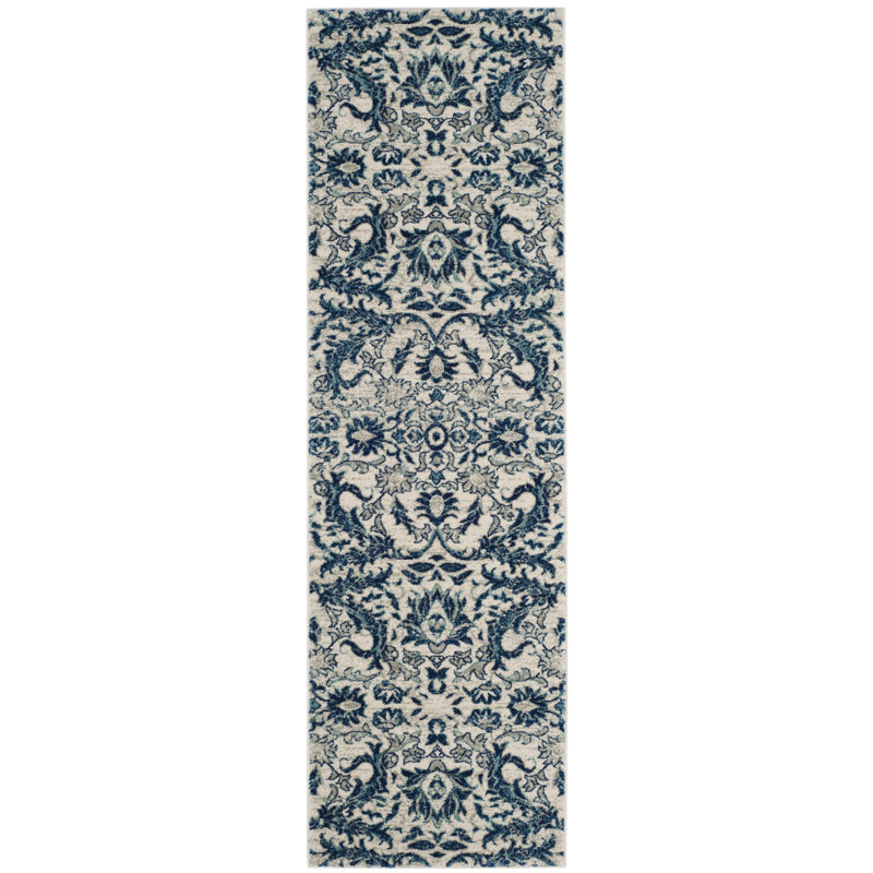 Tapis à motif floral ivoire / bleu Alessia, Tapis de couloir 2 pi 2 po x 11 pi