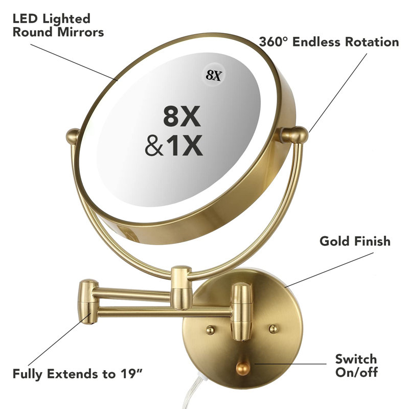 Miroir de maquillage lumineux grossissant Bertwalda, Or