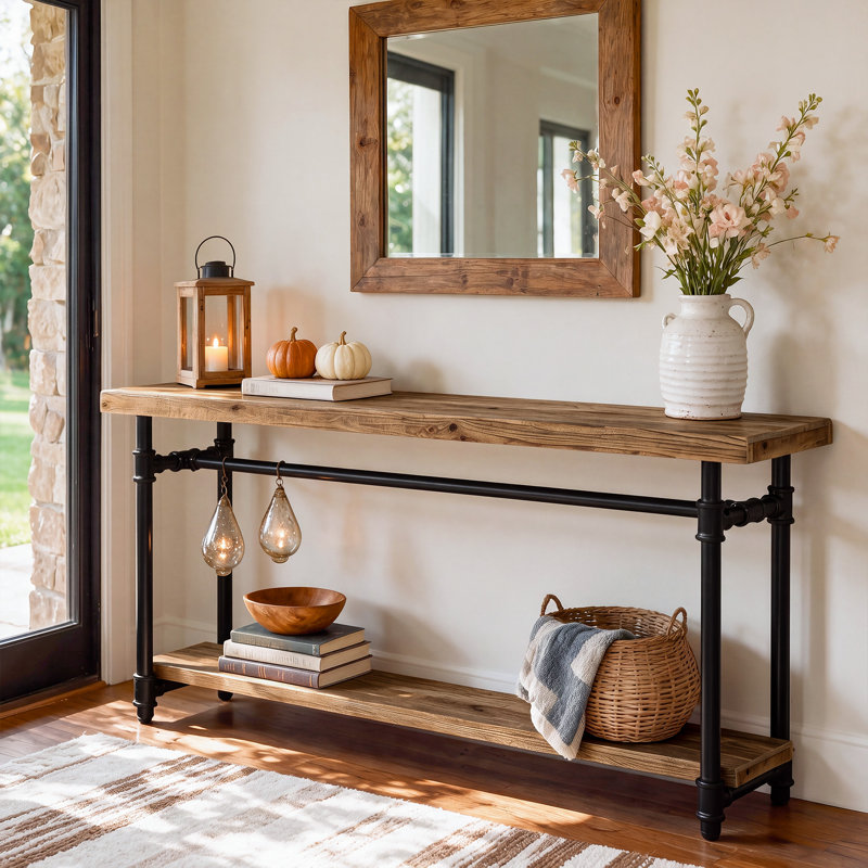 Console de 63 po en bois massif, table de vestibule avec rangement et structure en métal, table basse de salon Farmhouse