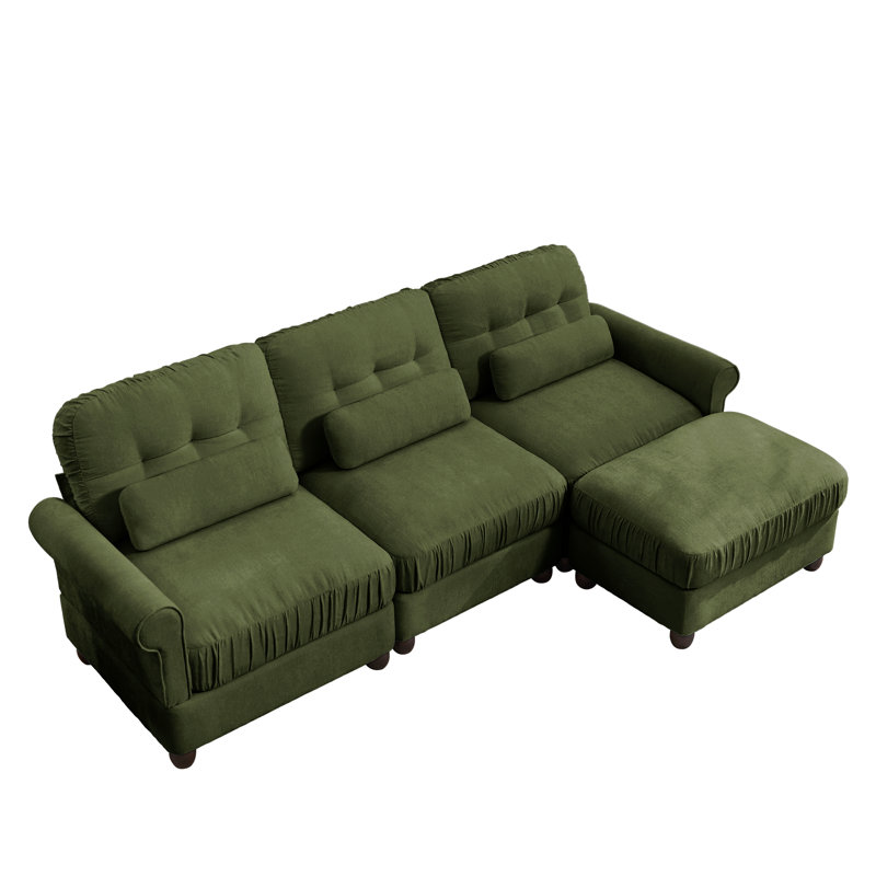 Ensemble de salon 2 pièces en chenille avec canapé 3 places, pouf, accoudoirs arrondis et coussins à ressorts ensachés, vert olive