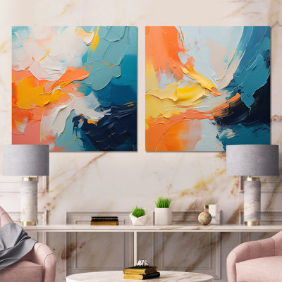 Blue And Orange Paint Abstract Expression IV - Abstract Painting Wall Decor Set Of 2
