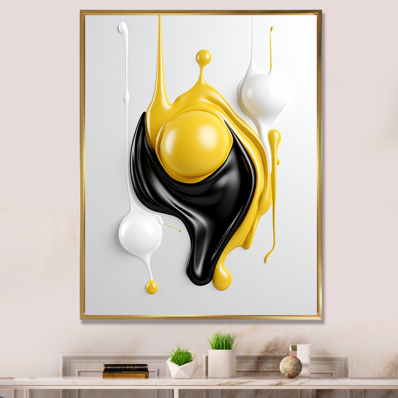 Art liquide sur toile, abstrait liquide noir et blanc I, H 20 po x l 12 po x P 1 po, Cadre flottant doré