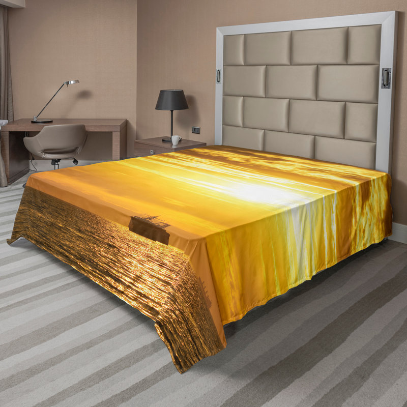Ambesonne Nautical Top Flat Sheet Ship on Ocean Sunrise Yellow, Full Flat Sheet