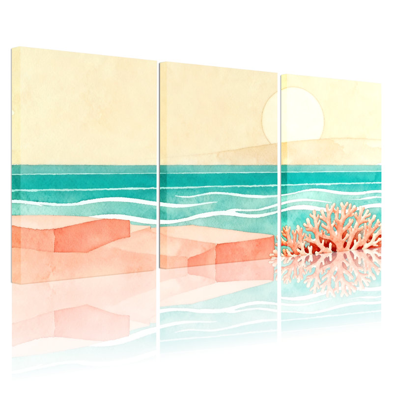 Nautique et plage, coucher de soleil, corail, eau, reflet, ensemble de 3 impressions d'art sur toile, H 30 po x l 60 po