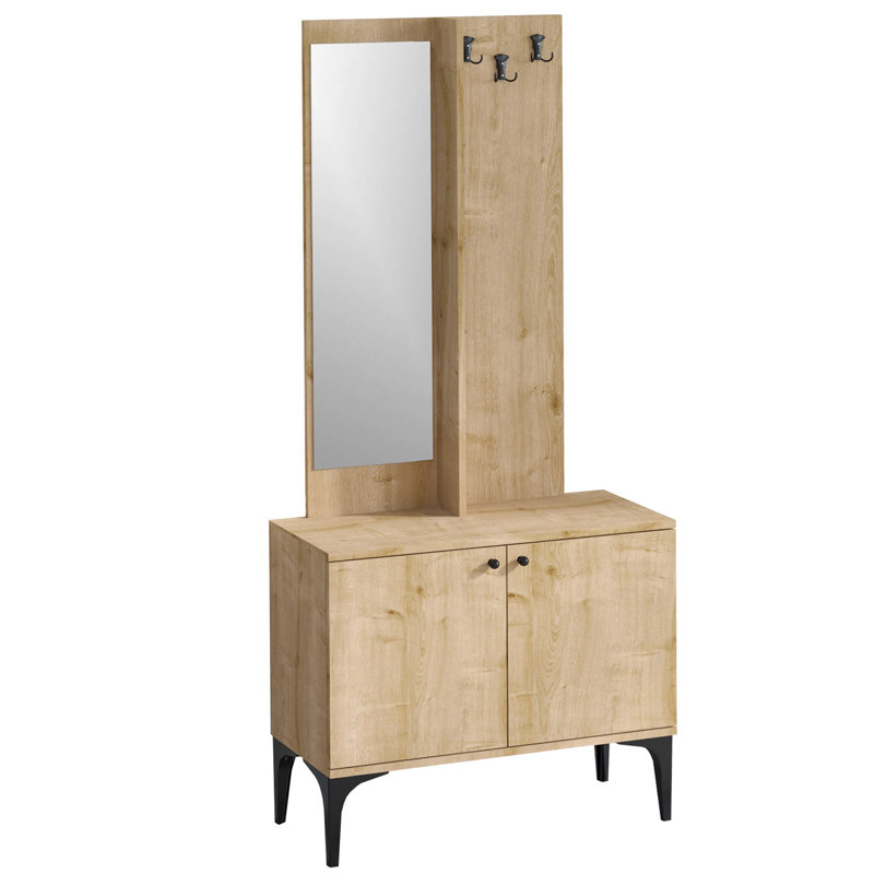 Hall Tree 35.4'' Wide With Mirror, Cabinet And 6 Hooks
