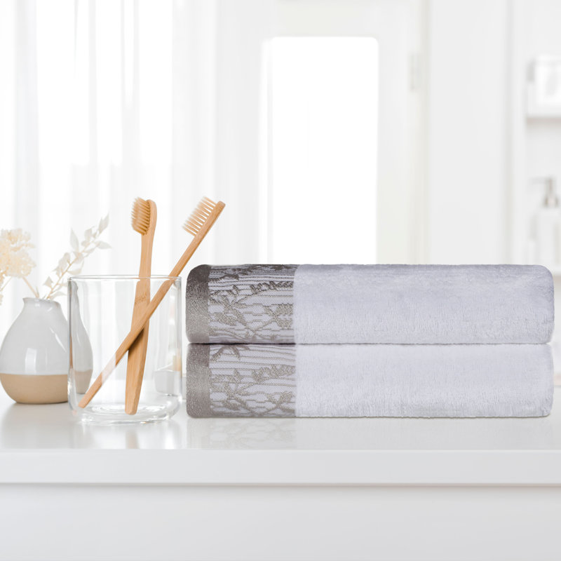 Carinna Cotton Medium Weight Floral Jacquard Border Assorted Bathroom Towel Set, White, Bath Towels - 2 Pack