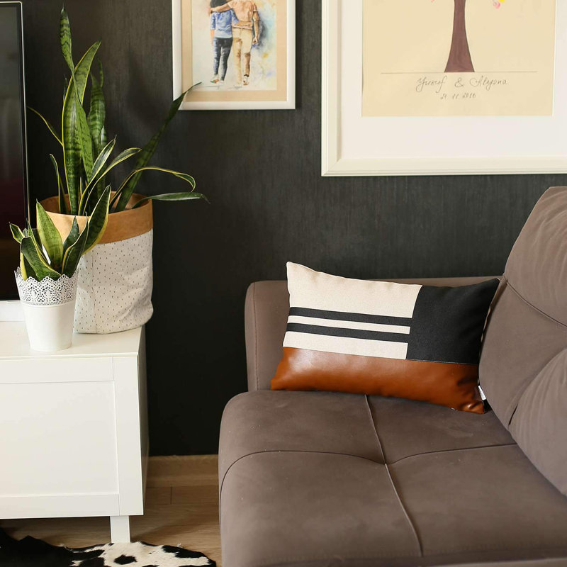 Bohemian Handmade Vegan Faux Leather Brown and Black Geometric Lumbar Pillow