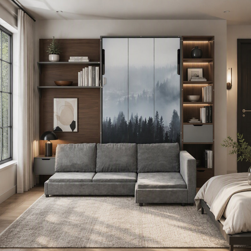 Lit escamotable avec armoire de rangement, étagères ouvertes et port USB, façade de canapé large, panneau imprimé paysage de montagne, lit mural gain de place pour chambre à coucher