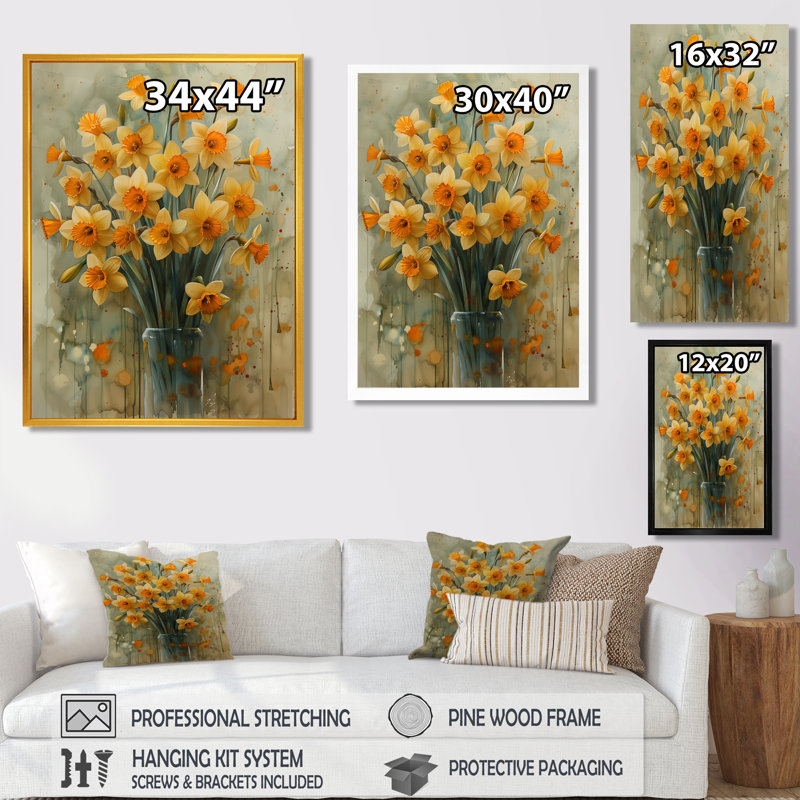 «Yellow Farmhouse Daffodils In Vase III» - jonquilles murales, Toile tendue, H 12 po x l 20 po