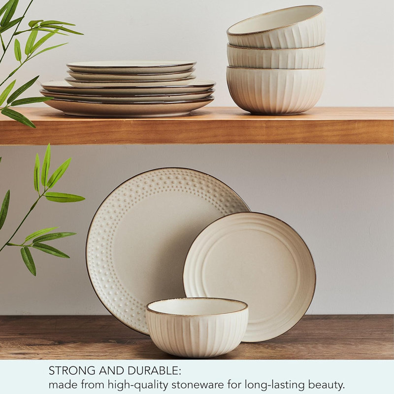 Beige Ceramic 12-Piece Dinnerware Set with Beaded Design