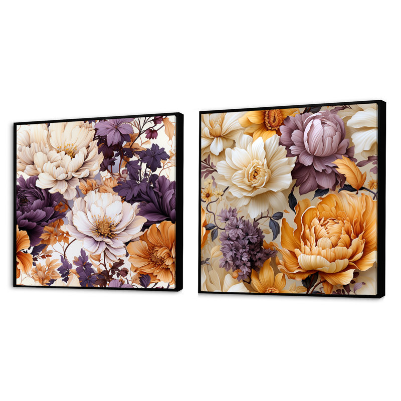 Celine - Ensemble de 2 collages carrés floraux, Cadre flottant noir, H 16 po x l 33 po