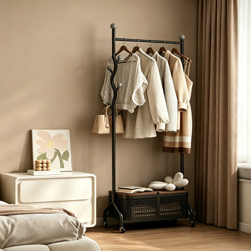 Modern Rolling Entryway Coat Rack, Black
