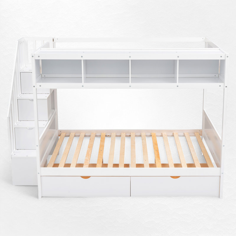 Twin Over Full Bunk Bed With Shelves And Storage Staircase, White