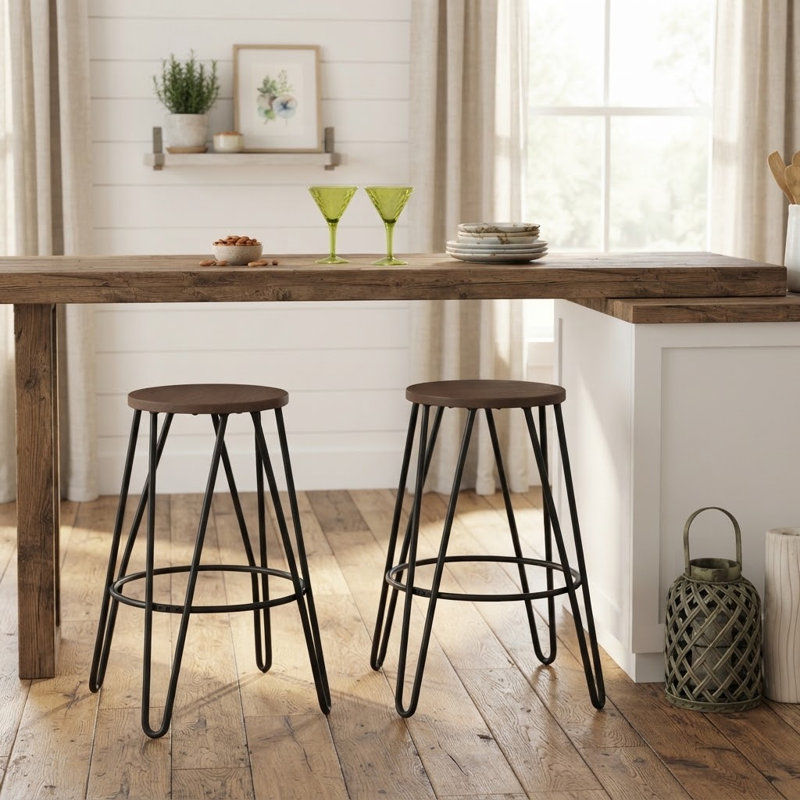 Tabouret de bar industriel en bois d'orme massif de 61 cm (24 po), tabouret rond à hauteur de comptoir avec pieds en épingle à cheveux en fer noir, pour la cuisine et le bar à domicile, brun cacao