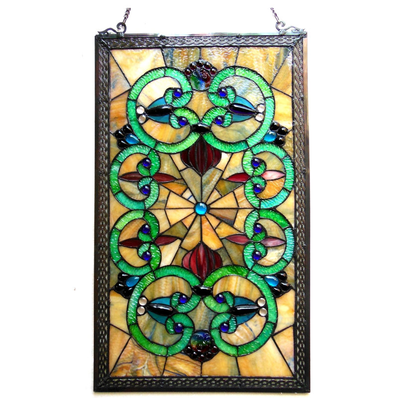  Panneau de fenêtre victorien Heather Tiffany-Glass 17 x 28 po